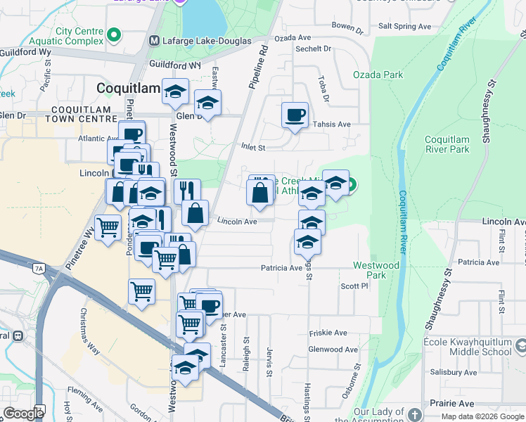 map of restaurants, bars, coffee shops, grocery stores, and more near 3105 Lincoln Avenue in Coquitlam