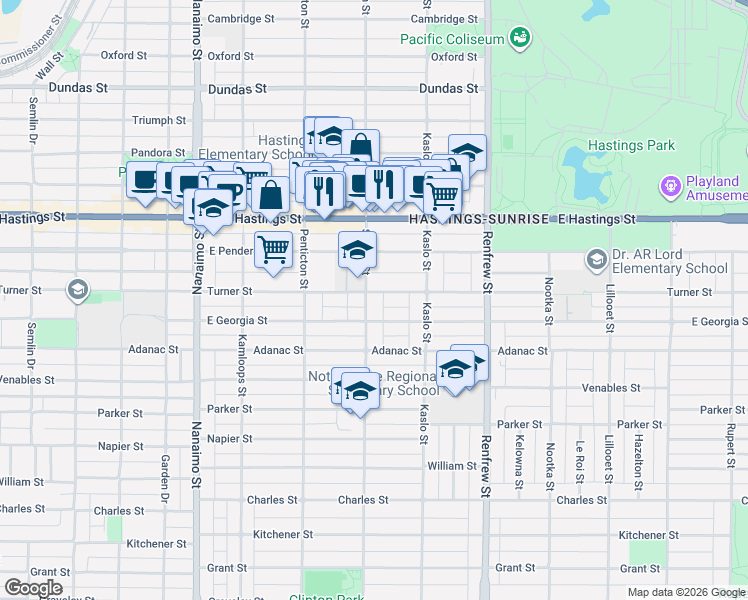 map of restaurants, bars, coffee shops, grocery stores, and more near 620 Slocan Street in Vancouver