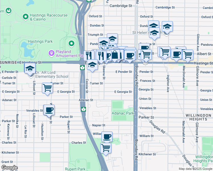 map of restaurants, bars, coffee shops, grocery stores, and more near 3510 Turner Street in Vancouver