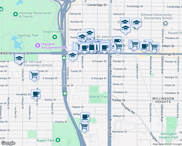 map of restaurants, bars, coffee shops, grocery stores, and more near 3558 Turner Street in Vancouver