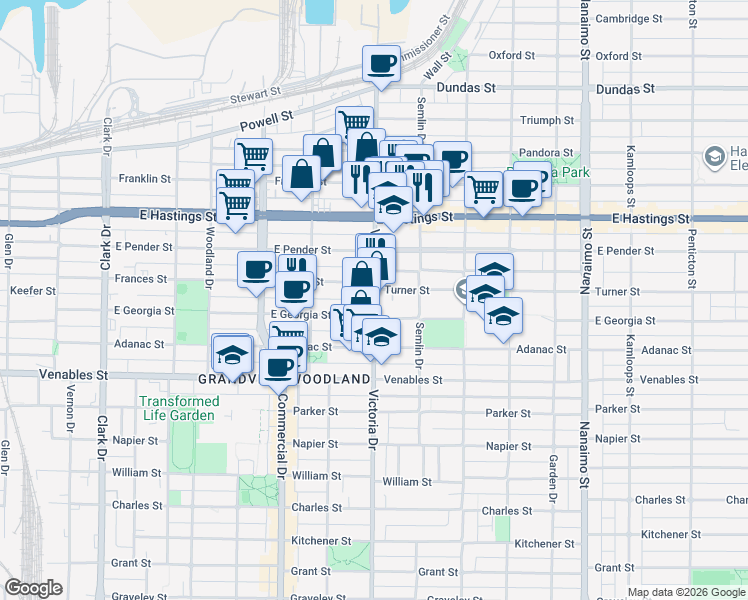 map of restaurants, bars, coffee shops, grocery stores, and more near 637 Victoria Drive in Vancouver