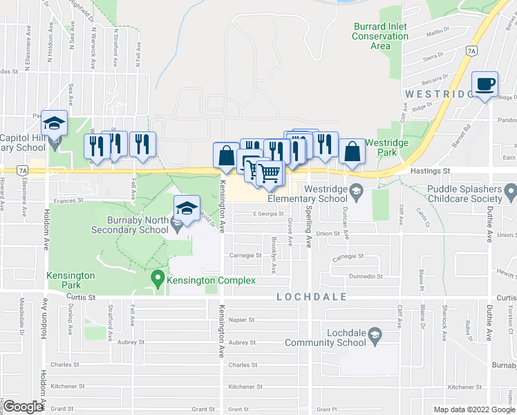 map of restaurants, bars, coffee shops, grocery stores, and more near 6557 Georgia Street in Burnaby