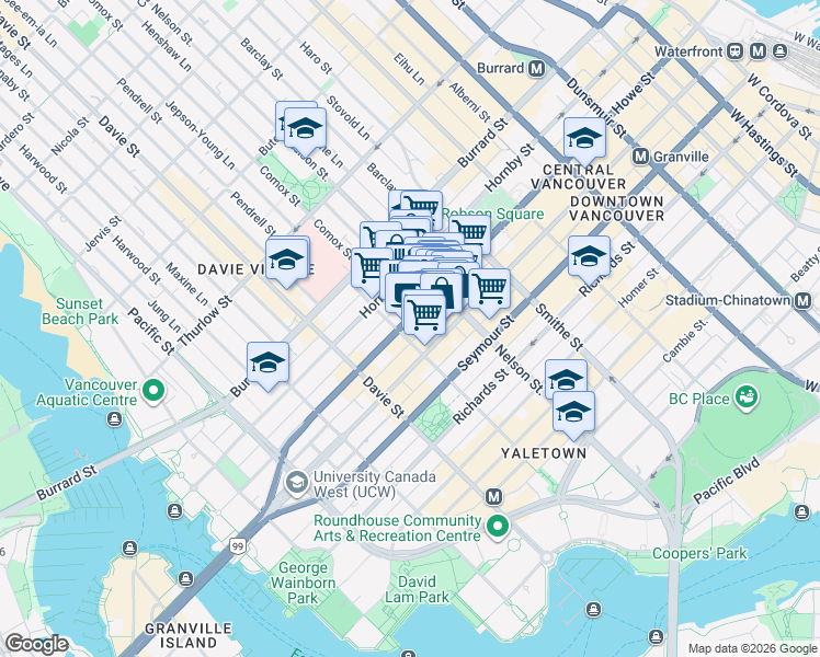 map of restaurants, bars, coffee shops, grocery stores, and more near 1080 Howe Street in Vancouver