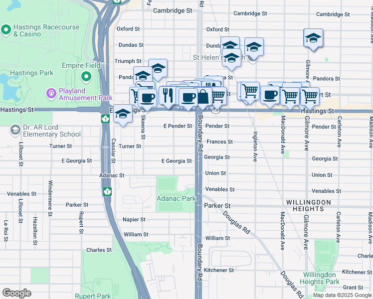 map of restaurants, bars, coffee shops, grocery stores, and more near 3648 Turner Street in Vancouver
