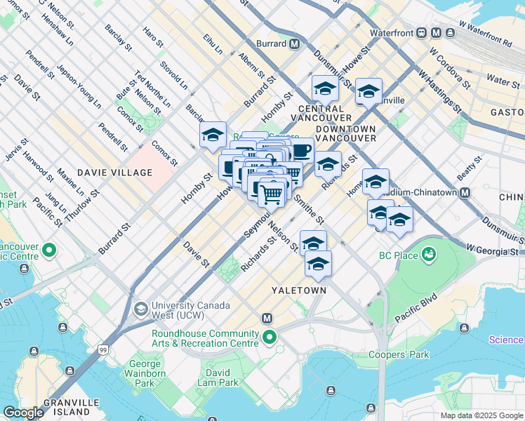 map of restaurants, bars, coffee shops, grocery stores, and more near 605 Nelson Street in Vancouver