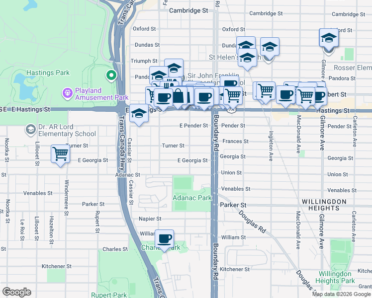 map of restaurants, bars, coffee shops, grocery stores, and more near 3596 Turner Street in Vancouver