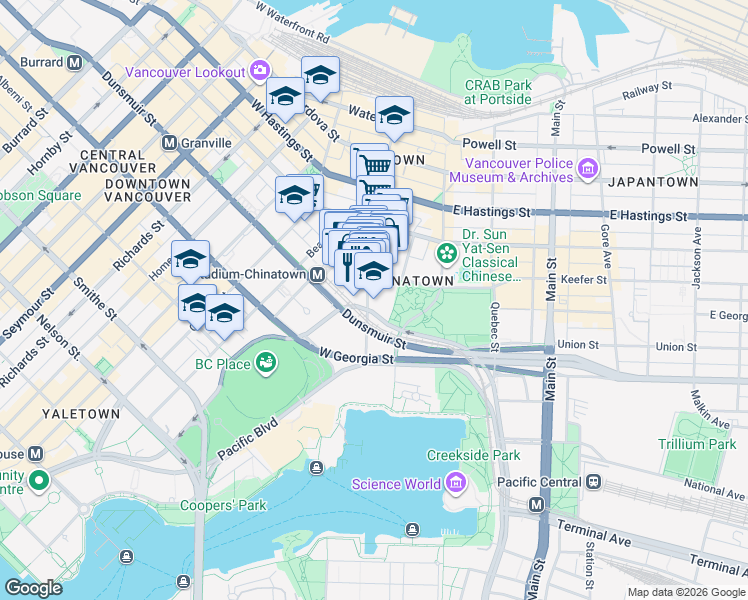 map of restaurants, bars, coffee shops, grocery stores, and more near 688 Abbott Street in Vancouver