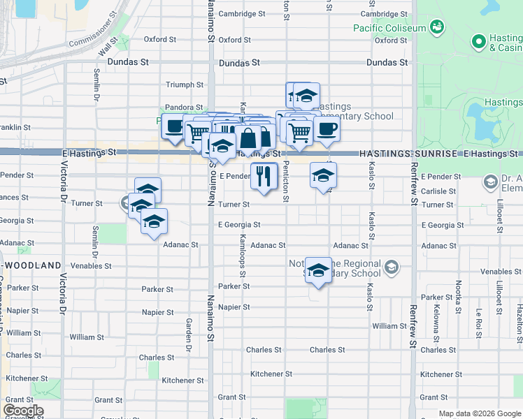 map of restaurants, bars, coffee shops, grocery stores, and more near 2528 Turner Street in Vancouver