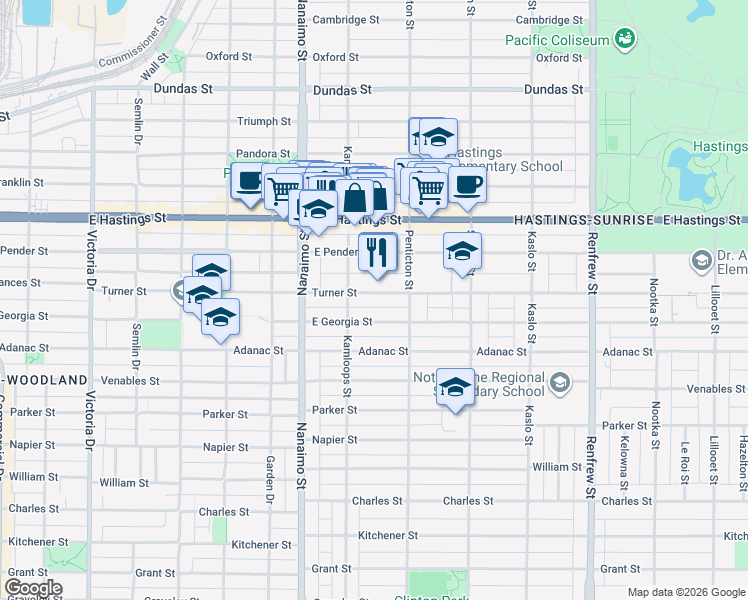 map of restaurants, bars, coffee shops, grocery stores, and more near in Vancouver
