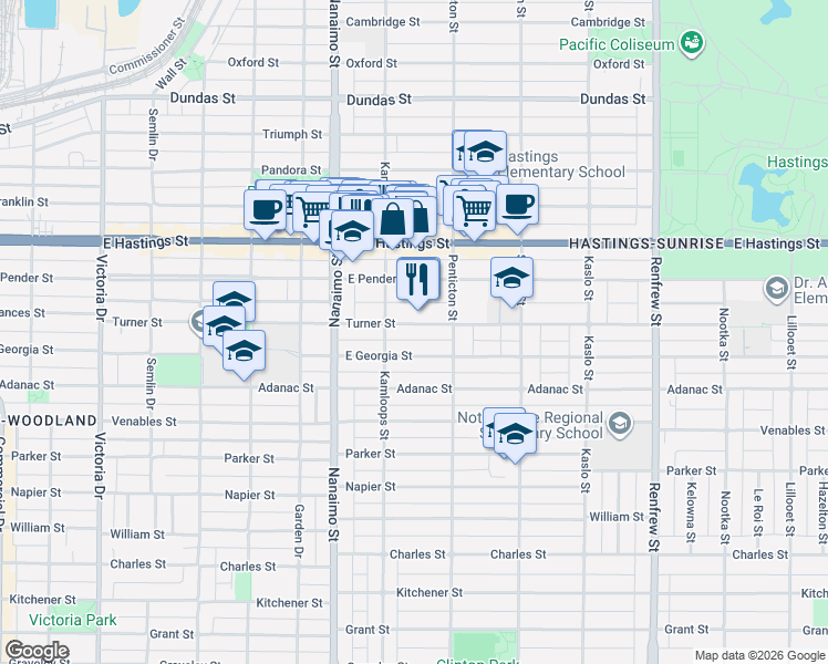 map of restaurants, bars, coffee shops, grocery stores, and more near 2528 Turner Street in Vancouver