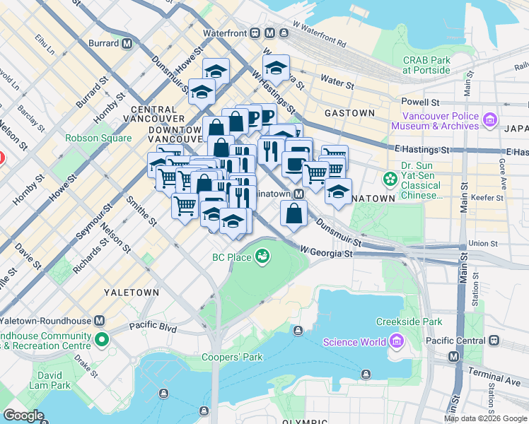 map of restaurants, bars, coffee shops, grocery stores, and more near 161 West Georgia Street in Vancouver