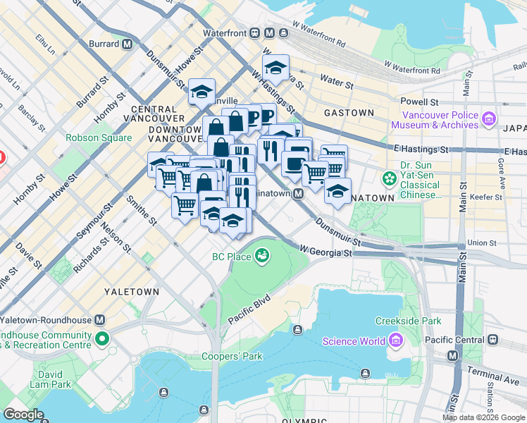 map of restaurants, bars, coffee shops, grocery stores, and more near in Vancouver