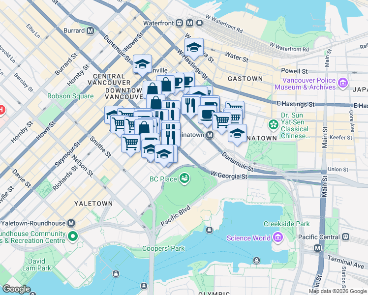 map of restaurants, bars, coffee shops, grocery stores, and more near in Vancouver
