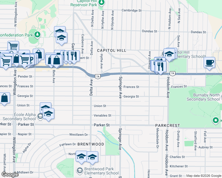 map of restaurants, bars, coffee shops, grocery stores, and more near 5100 Frances Street in Burnaby