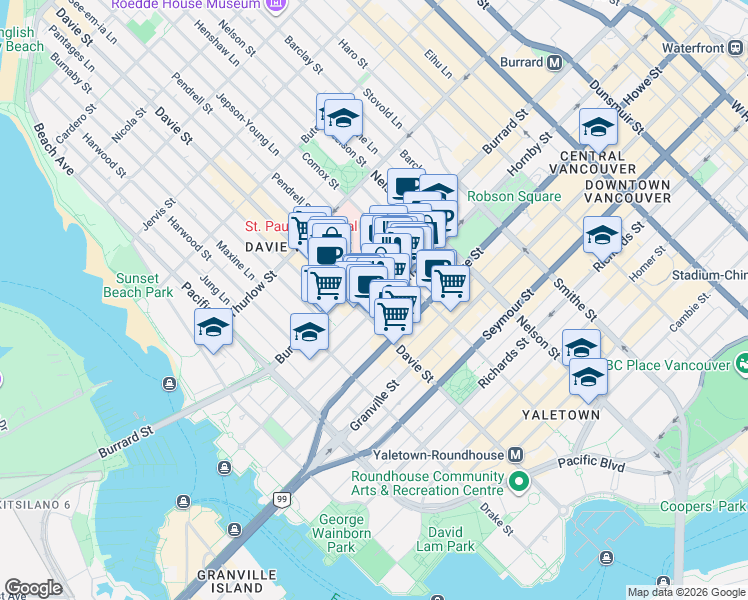map of restaurants, bars, coffee shops, grocery stores, and more near 1177 Hornby Street in Vancouver