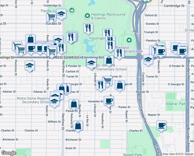map of restaurants, bars, coffee shops, grocery stores, and more near 3104 Turner Street in Vancouver