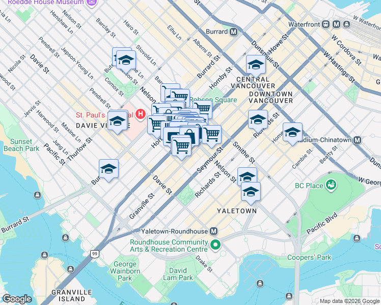 map of restaurants, bars, coffee shops, grocery stores, and more near 1039 Granville Street in Vancouver