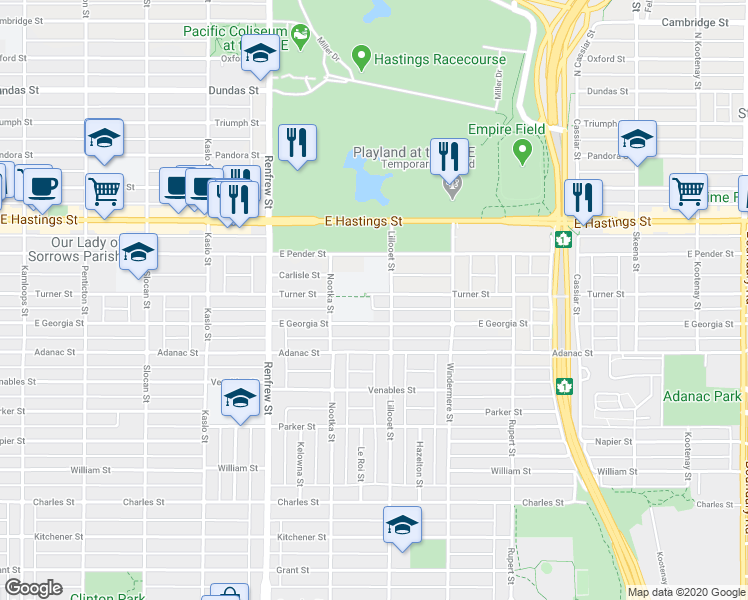 map of restaurants, bars, coffee shops, grocery stores, and more near 3080 Turner Street in Vancouver