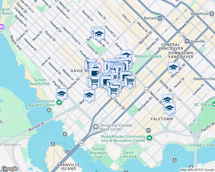 map of restaurants, bars, coffee shops, grocery stores, and more near 1148 Hornby Street in Vancouver