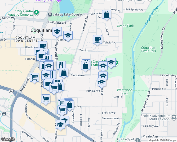 map of restaurants, bars, coffee shops, grocery stores, and more near 3105 Lincoln Avenue in Port Coquitlam
