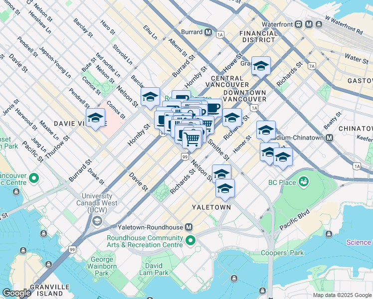 map of restaurants, bars, coffee shops, grocery stores, and more near 888 Granville Street in Vancouver