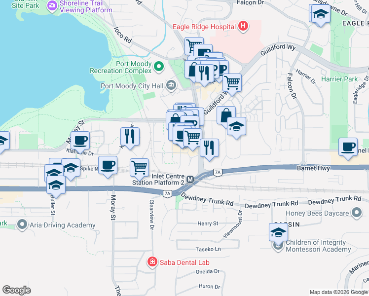 map of restaurants, bars, coffee shops, grocery stores, and more near 400 Capilano Road in Port Moody