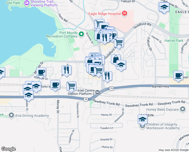 map of restaurants, bars, coffee shops, grocery stores, and more near 400 Capilano Road in Port Moody