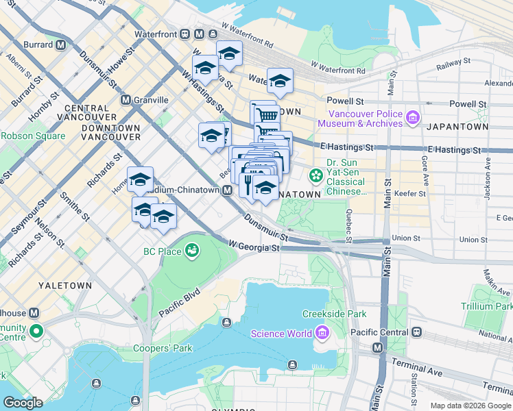 map of restaurants, bars, coffee shops, grocery stores, and more near 689 Abbott Street in Vancouver