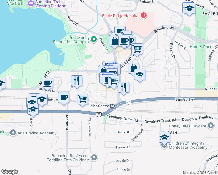 map of restaurants, bars, coffee shops, grocery stores, and more near in Port Moody