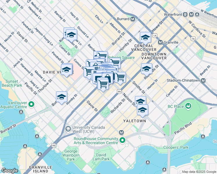 map of restaurants, bars, coffee shops, grocery stores, and more near 1033 Granville Street in Vancouver