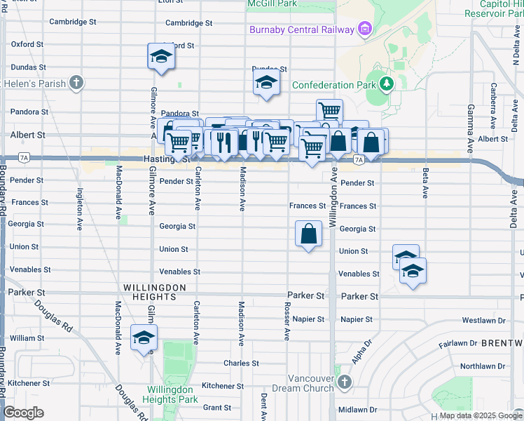 map of restaurants, bars, coffee shops, grocery stores, and more near 4330 Frances Street in Burnaby