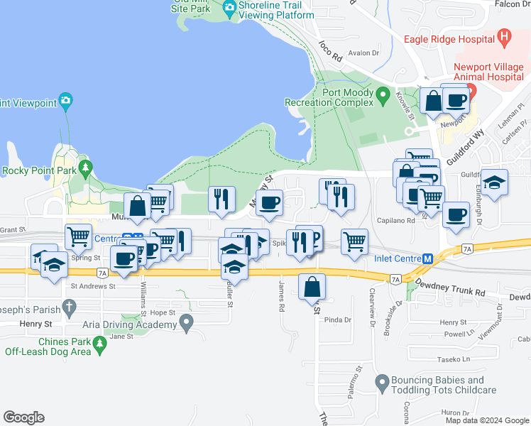 map of restaurants, bars, coffee shops, grocery stores, and more near 32 Klahanie Drive in Port Moody