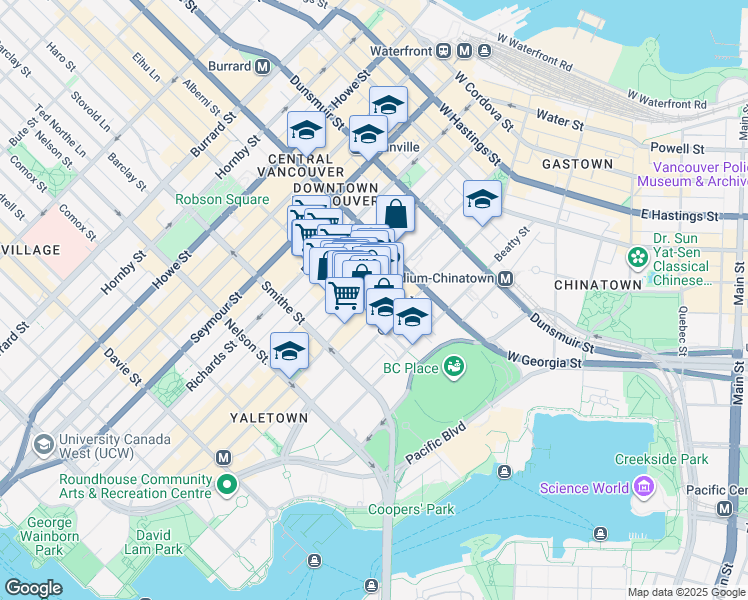 map of restaurants, bars, coffee shops, grocery stores, and more near in Vancouver