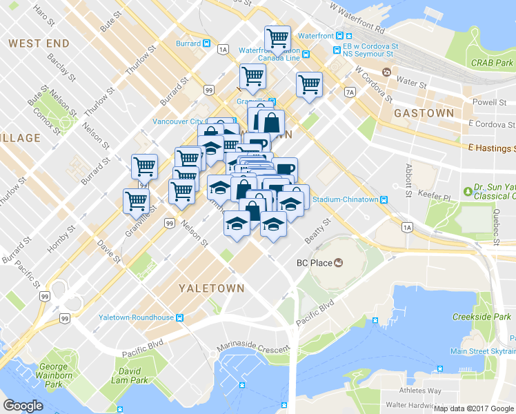 map of restaurants, bars, coffee shops, grocery stores, and more near in Vancouver