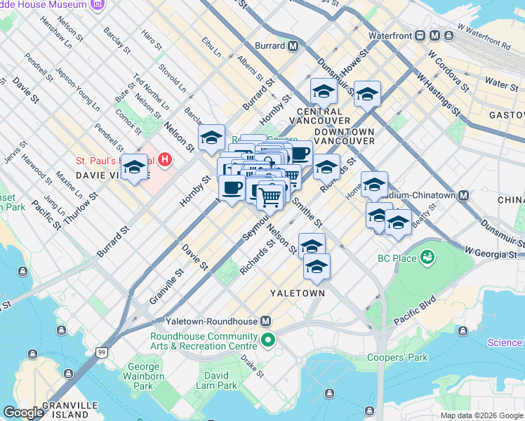 map of restaurants, bars, coffee shops, grocery stores, and more near 999 Seymour Street in Vancouver