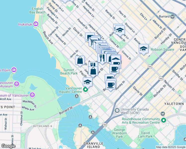 map of restaurants, bars, coffee shops, grocery stores, and more near in Vancouver