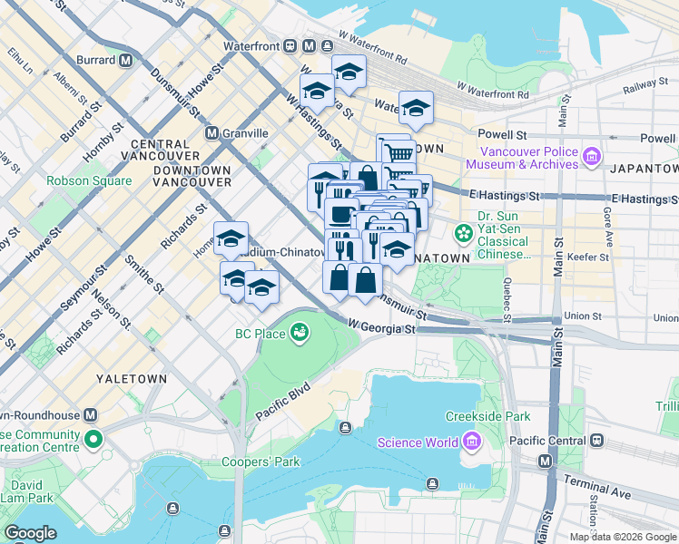 map of restaurants, bars, coffee shops, grocery stores, and more near in Vancouver