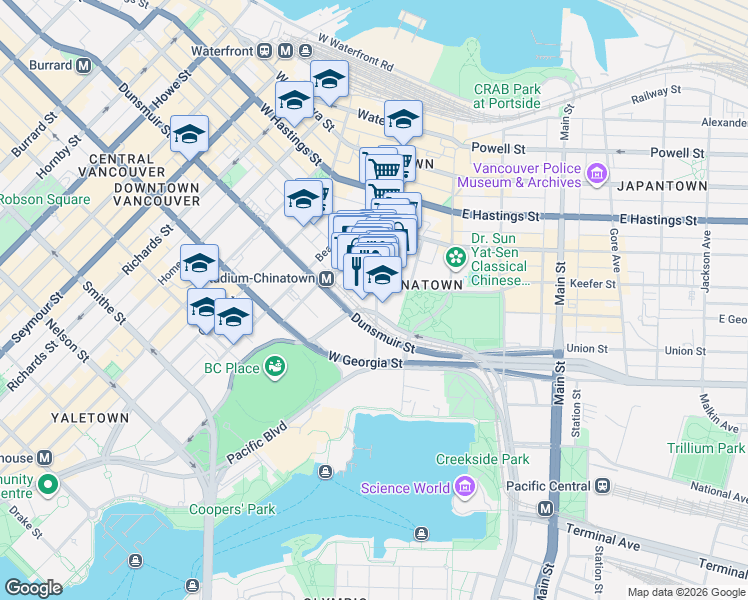 map of restaurants, bars, coffee shops, grocery stores, and more near 688 Abbott Street in Vancouver