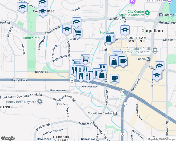 map of restaurants, bars, coffee shops, grocery stores, and more near 1132 Dufferin Street in Coquitlam