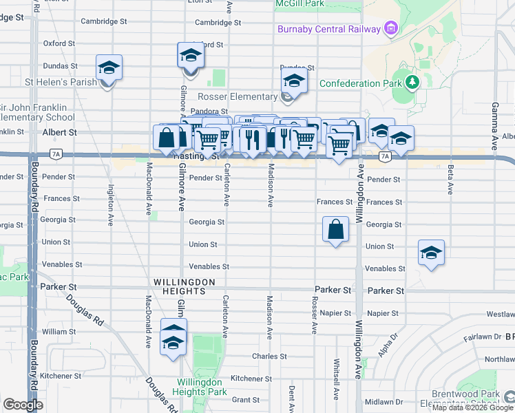 map of restaurants, bars, coffee shops, grocery stores, and more near 4266 Frances Street in Burnaby