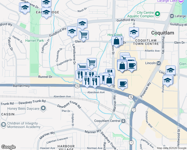 map of restaurants, bars, coffee shops, grocery stores, and more near 1132 Dufferin Street in Coquitlam
