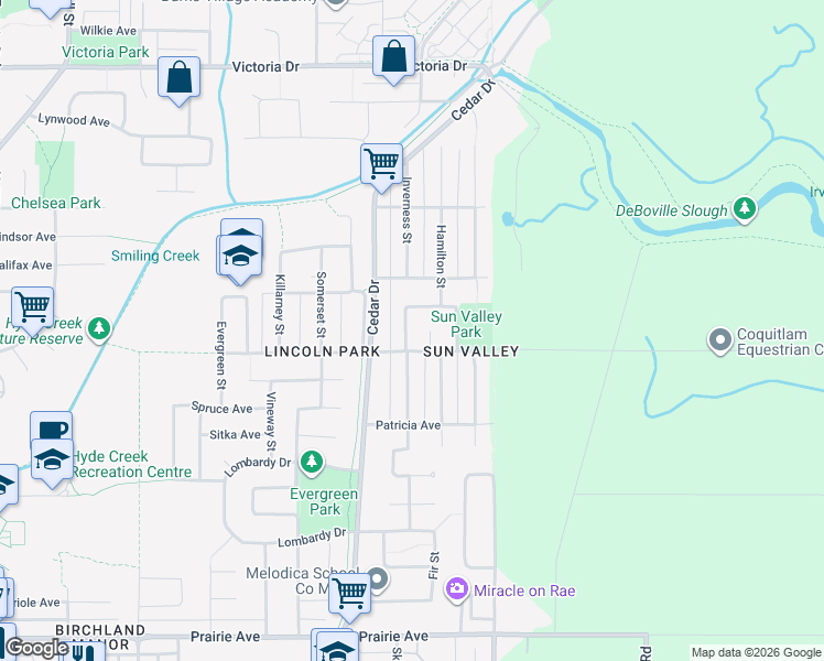 map of restaurants, bars, coffee shops, grocery stores, and more near 3728 Inverness Street in Port Coquitlam