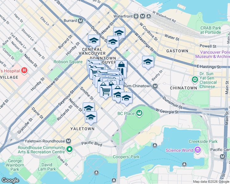 map of restaurants, bars, coffee shops, grocery stores, and more near 788 Hamilton Street in Vancouver