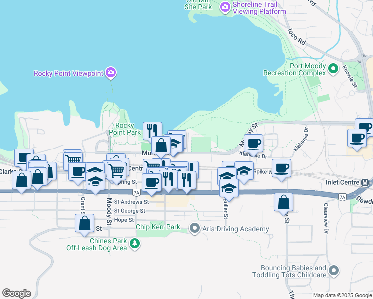 map of restaurants, bars, coffee shops, grocery stores, and more near 3012 Murray Street in Port Moody