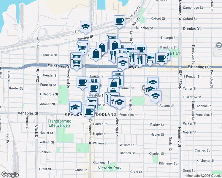 map of restaurants, bars, coffee shops, grocery stores, and more near 1864 Frances Street in Vancouver