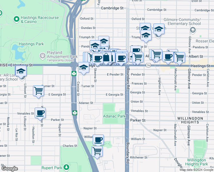 map of restaurants, bars, coffee shops, grocery stores, and more near 3568 Turner Street in Vancouver