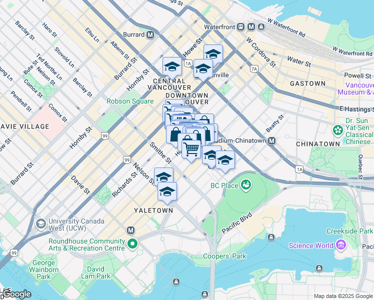 map of restaurants, bars, coffee shops, grocery stores, and more near 822 Homer Street in Vancouver