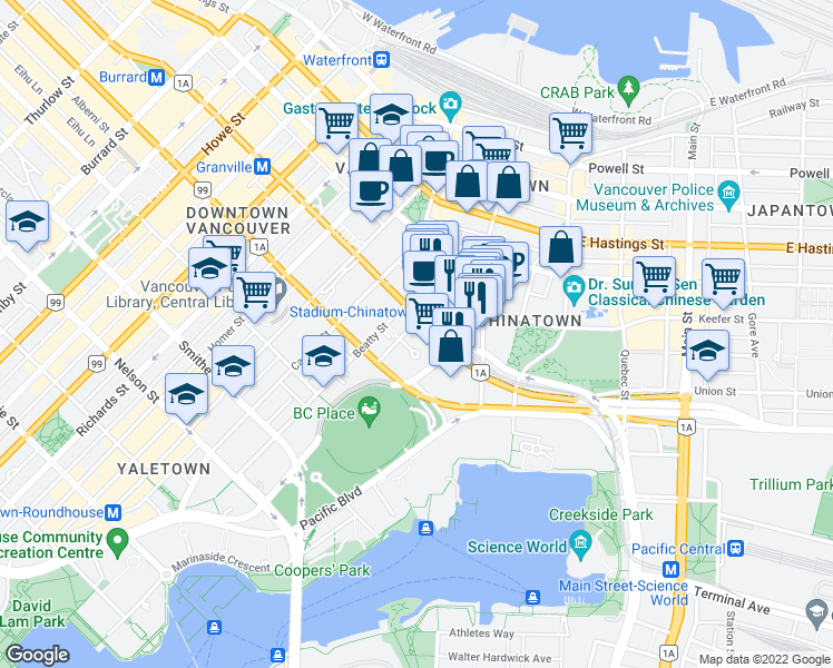 map of restaurants, bars, coffee shops, grocery stores, and more near in Vancouver