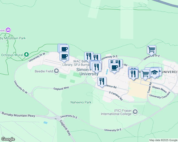 map of restaurants, bars, coffee shops, grocery stores, and more near 8888 University Drive West in Burnaby