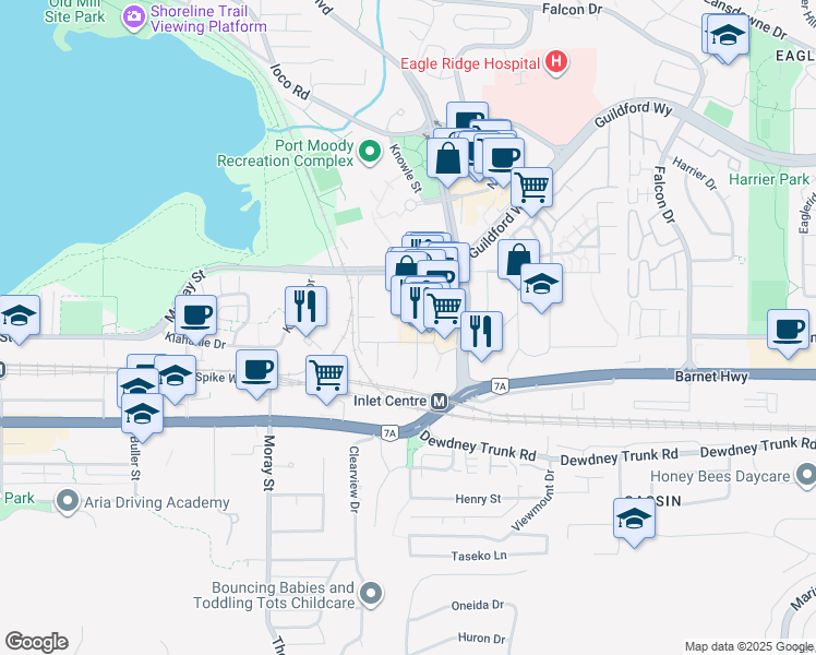 map of restaurants, bars, coffee shops, grocery stores, and more near in Port Moody